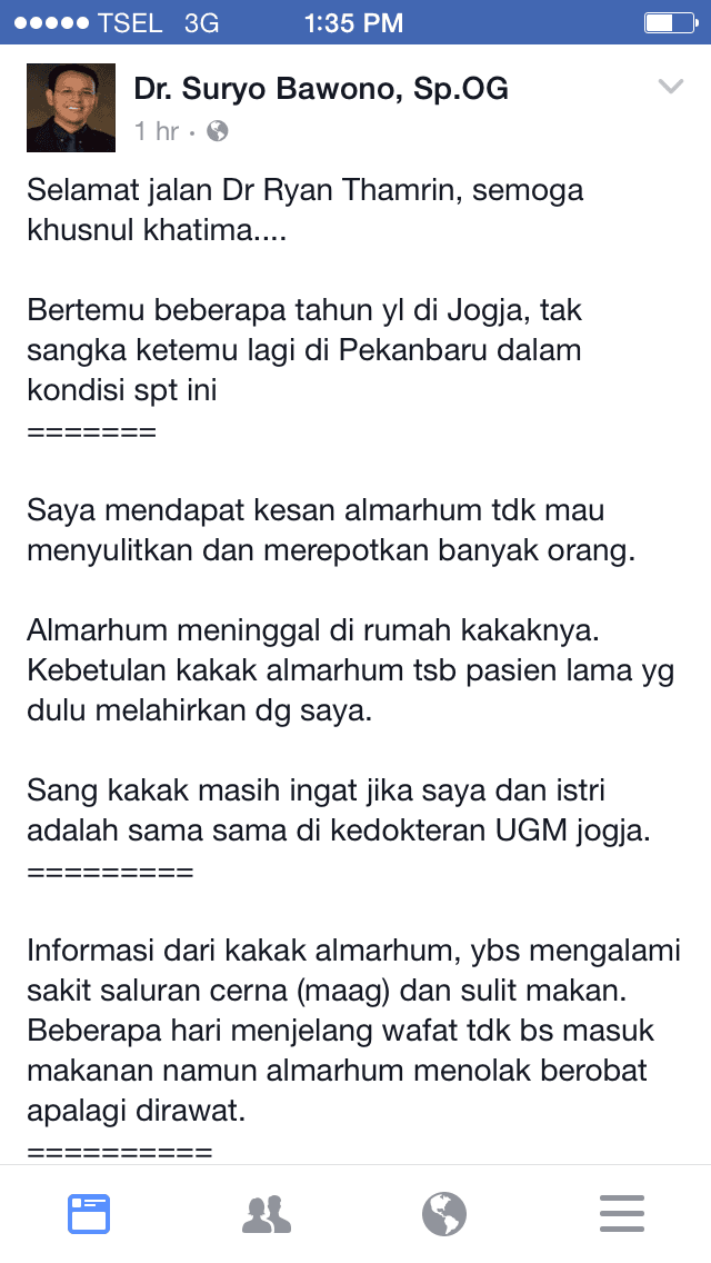 Dr Ryan Thamrin Meninggal karena Sakit Maag 